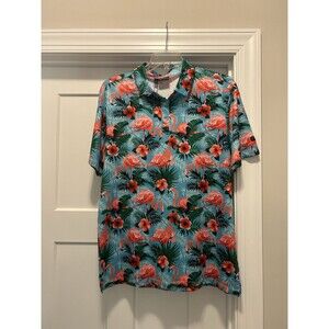 New Yata Golf Men Polo Flamingos Print Green Pink Size Large Performance Shirts